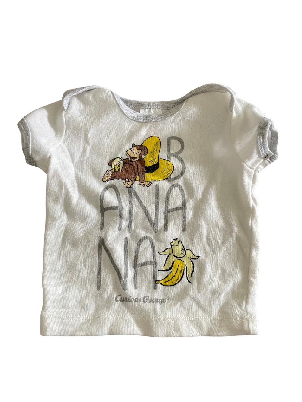 Curious George Cartoon Banana Short Sleeve Tee White & Yellow Size 0-3M Y2K 90s
